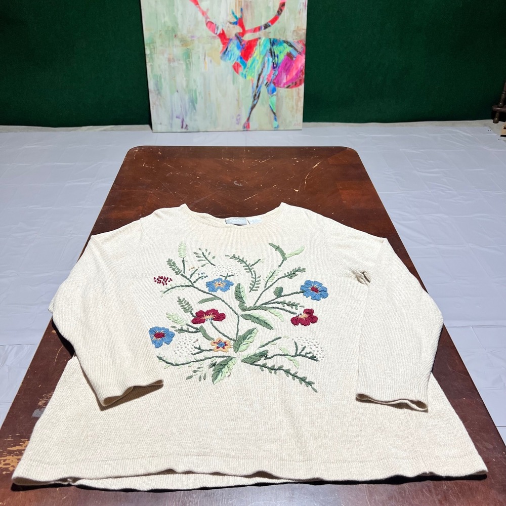 Blair Women Oatmeal Floral Embroidered Ramie Cotton Knit Sweater L Large Vintage - Picture 10 of 11